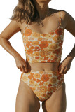 Orange Floral Print Spaghetti Straps Crop Bikini Set