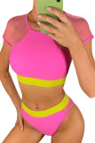 Rose Mesh Short Sleeve Contrast Trim 2pcs Bikini Swimsuit