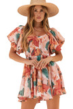 Multicolor Oil Painting Floral Print Smocked Ruffle Dress