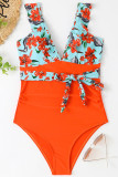 V Neck Ruffles Floral One Piece Swimsuit