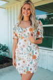 Puff Sleeves Hollow-out Back Floral Print Dress
