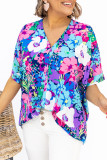 Multicolor V Neck Dolman Sleeve Plus Size Floral Blouse