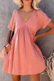 Pink Roll Up Short Sleeve V Neck Babydoll Mini Dress