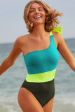 Green Asymmetric One-shoulder Colorblock One-piece Swimsuit