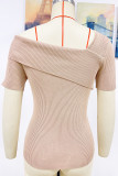 One Shoulder Ribbed Knitting Plain Top 