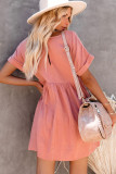 Pink Roll Up Short Sleeve V Neck Babydoll Mini Dress