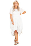 White Plus Size Lace Striped Texture Handkerchief Hem Dress