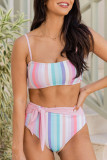 Multicolor Striped Print Tie Strap High Waist Bikini