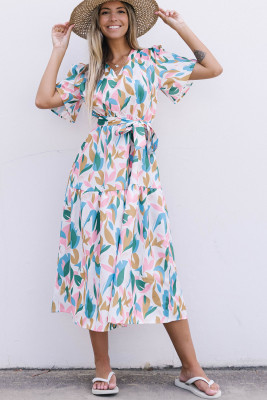 Multicolor V Neck Short Sleeves Boho Tropical Print Long Dress