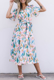 Multicolor V Neck Short Sleeves Boho Tropical Print Long Dress