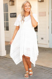 White Plus Size Lace Striped Texture Handkerchief Hem Dress