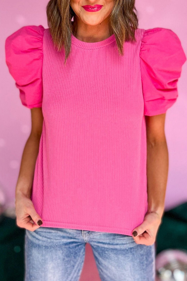 Rose Ribbed Puff Short Sleeve Top