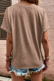 Khaki Button V Neck Rolled Short Sleeve T Shirt