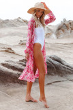 Pink Sweet Floral Print Frill Hem Puff Sleeve Cover Up