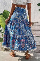 Blue Paisley Print Fringe Hem Boho Maxi Skirt