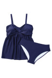 Blue Adjustable Straps Ruched 2pcs Tankini Swimsuit