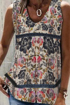 Printed V Neck Lace Splicing Tank Top