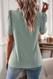 Green Lace Patchwork Round Neck Hollow Out Puff Sleeves Blouse