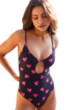 Black Sweet Heart Print Cut out Backless One-piece Swimwearmsuit