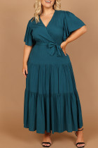 Green Plus Size Pleated Lace-up V Neck Wrap Maxi Dress