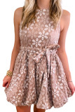 Pink Floral Jacquard Sleeveless Mini Dress with Waist Tie