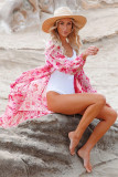 Pink Sweet Floral Print Frill Hem Puff Sleeve Cover Up