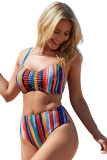 Multicolor Striped Print Ruched Padded Bikini Swimsuit