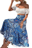 Blue Paisley Print Fringe Hem Boho Maxi Skirt