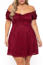 Red Lace Frill Bubble Sleeve Off Shoulder Plus Size Dress