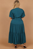 Green Plus Size Pleated Lace-up V Neck Wrap Maxi Dress