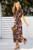 Black Floral Print Knotted Wrapped V Neck Maxi Dress