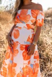 Orange Floral Print Off Shoulder Backless Maxi Dress