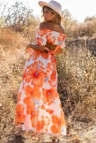 Orange Floral Print Off Shoulder Backless Maxi Dress