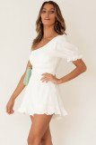 White One-shoulder Puff Sleeves Romper with Ruffle Trim