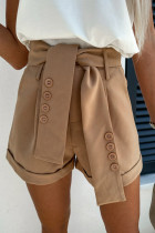 Brown Button Decor Belt Rolled Hem Shorts
