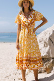 Yellow Floral Wrapped V Neck Tied Ruffled Sleeves Midi Dress