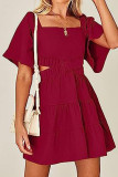 Square Neck Waist Cut Out Tiered Mini Dress 