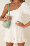 White One-shoulder Puff Sleeves Romper with Ruffle Trim