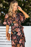 Black Floral Print Knotted Wrapped V Neck Maxi Dress