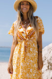 Yellow Floral Wrapped V Neck Tied Ruffled Sleeves Midi Dress