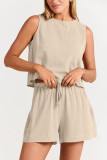 Plain Sleeveless Back Buttoned Tank Top With Elastic Waist Shorts Lounge Set