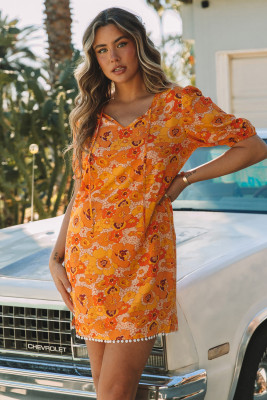Yellow Puff Sleeve Floral Dress with Pompom Trim