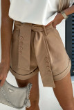 Brown Button Decor Belt Rolled Hem Shorts
