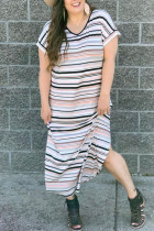 White Striped Print V Neck Side Split Plus Size Dress