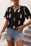 V Neck Feather Print Fold Sleeves Top