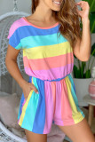 Multicolor Striped Print High Waist Short Sleeve Romper with Pockets