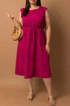 Rose Ruffled Drawstring High Waist Sleeveless Plus Size Midi Dress