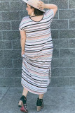 White Striped Print V Neck Side Split Plus Size Dress