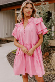 Pink V Neck Layered Ruffled Sleeves Mini Dress