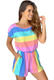 Multicolor Striped Print High Waist Short Sleeve Romper with Pockets